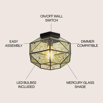 Evelyn 12.5" Vintage Farmhouse Iron/Glass LED Flush Mount - JONATHAN Y
